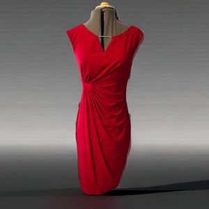Size 6 Asymmetrical stretchy red dress with neck hardware and ruching nwot